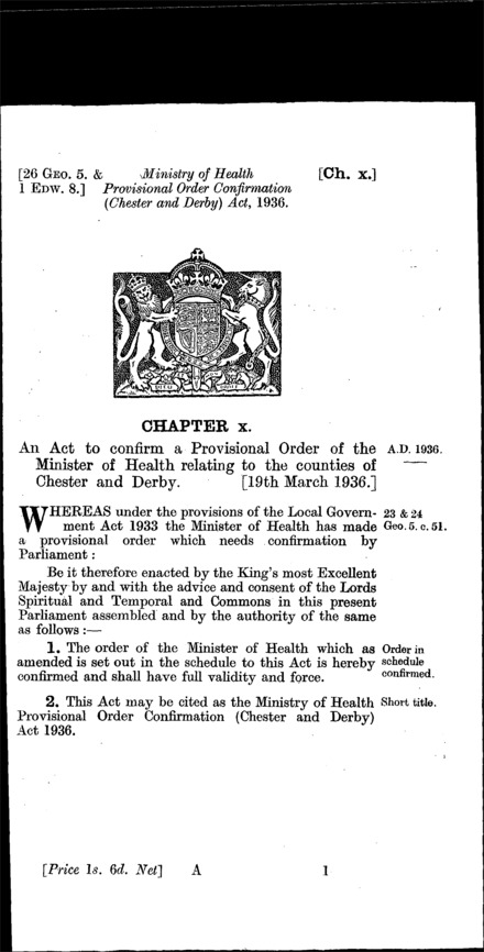Ministry of Health Provisional Order Confirmation (Chester and Derby) Act 1936