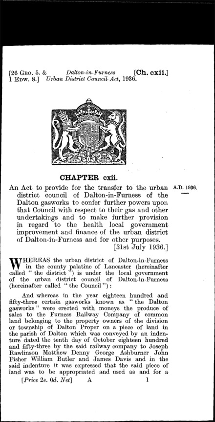 Dalton-in-Furness Urban District Council Act 1936