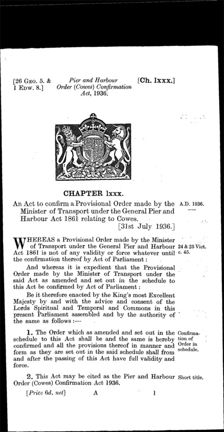 Pier and Harbour Order (Cowes) Confirmation Act 1936