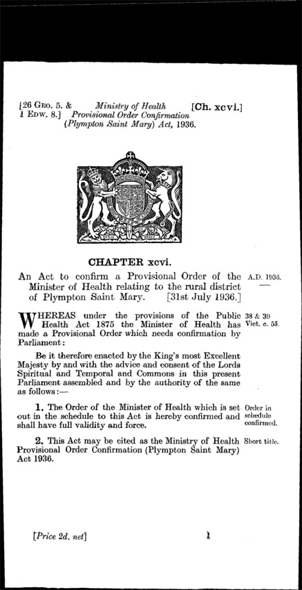 Ministry of Health Provisional Order Confirmation (Plympton St. Mary) Act 1936