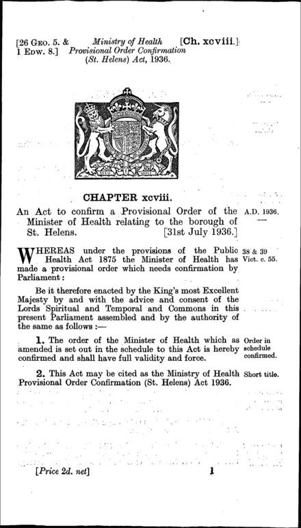 Ministry of Health Provisional Order Confirmation (St. Helens) Act 1936