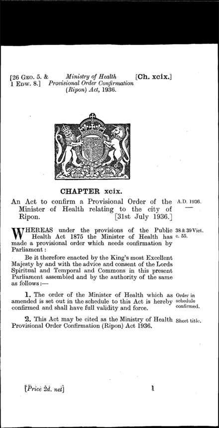 Ministry of Health Provisional Order Confirmation (Ripon) Act 1936