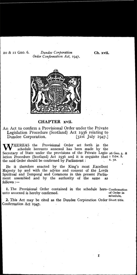 Dundee Corporation Order Confirmation Act 1947