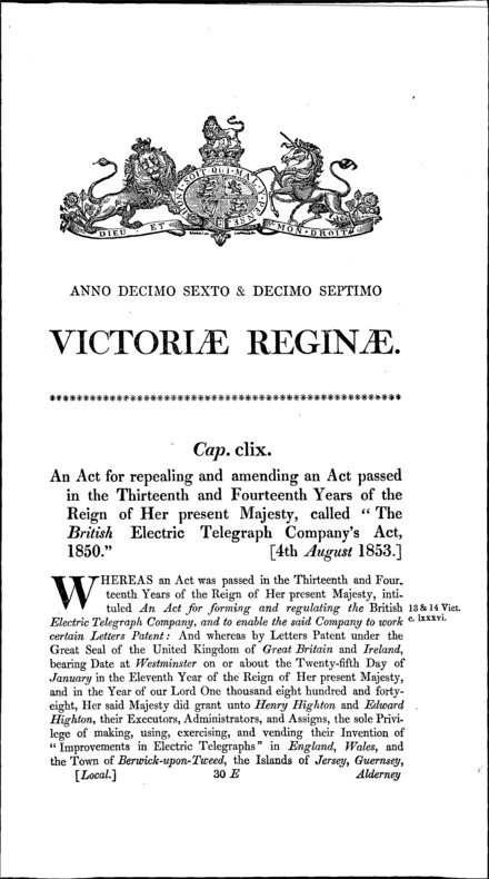 British Electric Telegraph Company's Act 1853