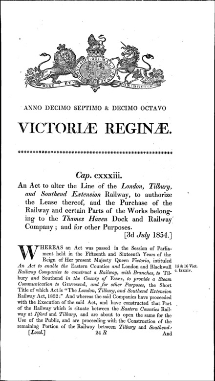 London, Tilbury and Southend Railway Deviation and Amendment Act 1854