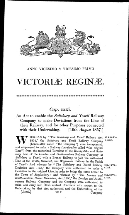 Salisbury and Yeovil Railway Deviation Act 1857