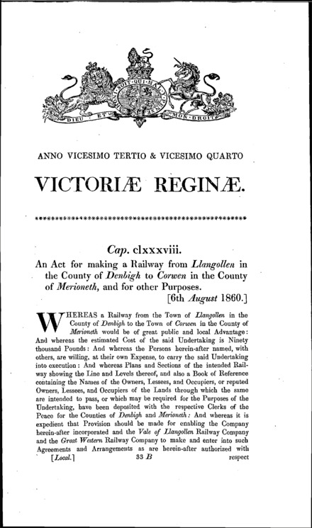 Llangollen and Corwen Railway Act 1860