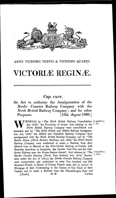 North British and Border Counties Railways Amalgamation Act 1860