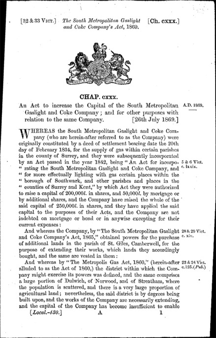 South Metropolitan Gaslight and Coke Company's Act 1869