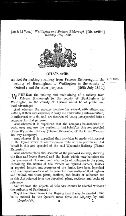Watlington and Princes Risborough Railway Act 1869