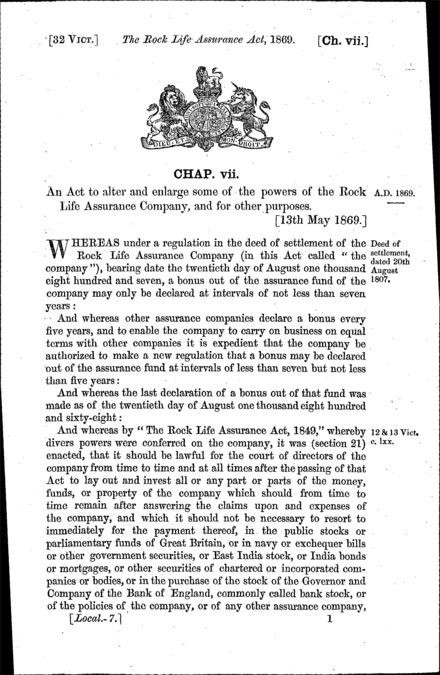 Rock Life Assurance Act 1869