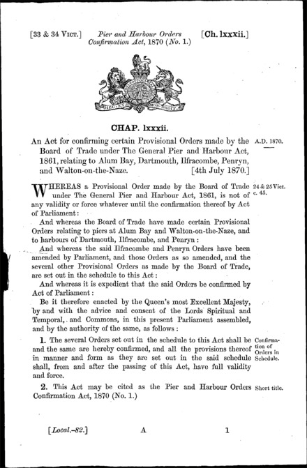 Pier and Harbour Orders Confirmation (No. 1) Act 1870