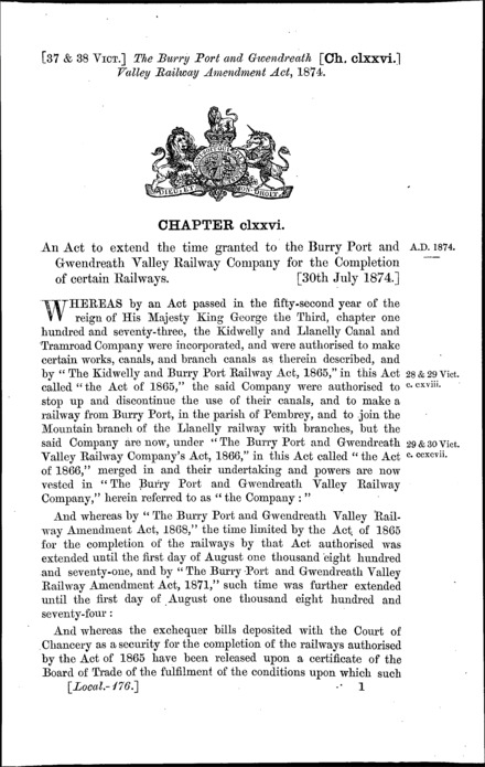 Burry Port and Gwendreath Valley Railway Amendment Act 1874