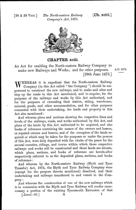 North Eastern Railway Act 1875
