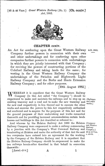 Great Western Railway (No. 1) Act 1882