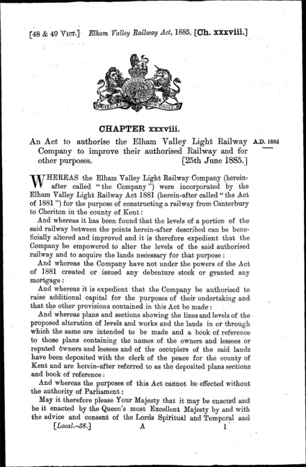 Elham Valley Railway Act 1885