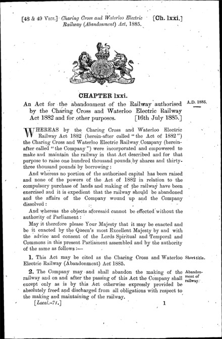 Charing Cross and Waterloo Electric Railway (Abandonment) Act 1885