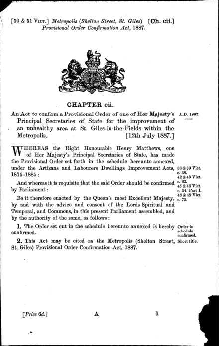 Metropolis (Shelton Street, St. Giles) Provisional Order Confirmation Act 1887