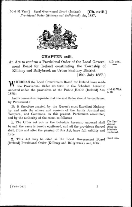 Local Government Board (Ireland) Provisional Order (Killiney and Ballybrack) Act 1887