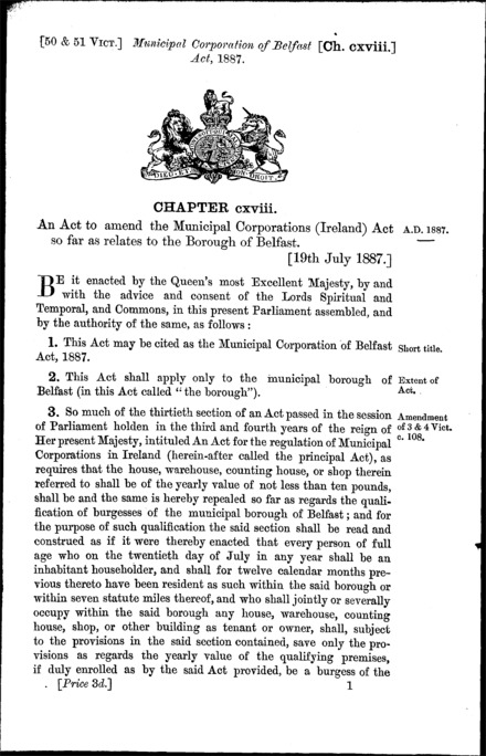 Municipal Corporation of Belfast Act 1887