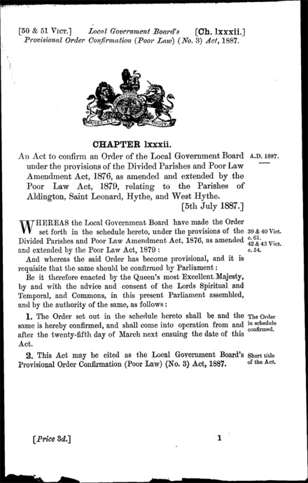 Local Government Board's Provisional Order Confirmation (Poor Law) (No. 3) Act 1887