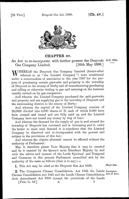 Draycott Gas Act 1888