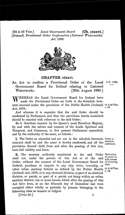 Local Government Board (Ireland) Provisional Order Confirmation (Listowel Waterworks) Act 1889