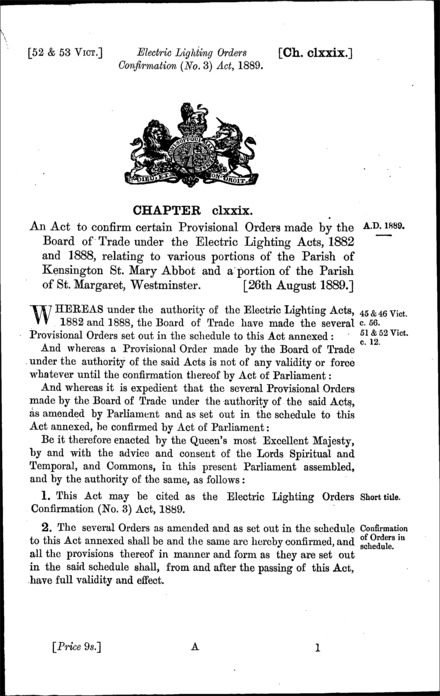 Electric Lighting Orders Confirmation (No. 3) Act 1889