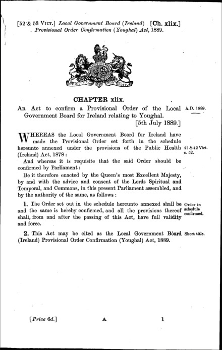 Local Government Board (Ireland) Provisional Order Confirmation (Youghal) Act 1889