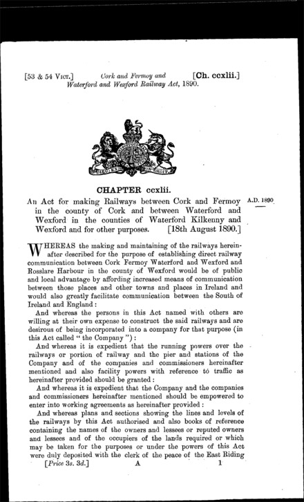 Cork and Fermoy and Waterford and Wexford Railway Act 1890