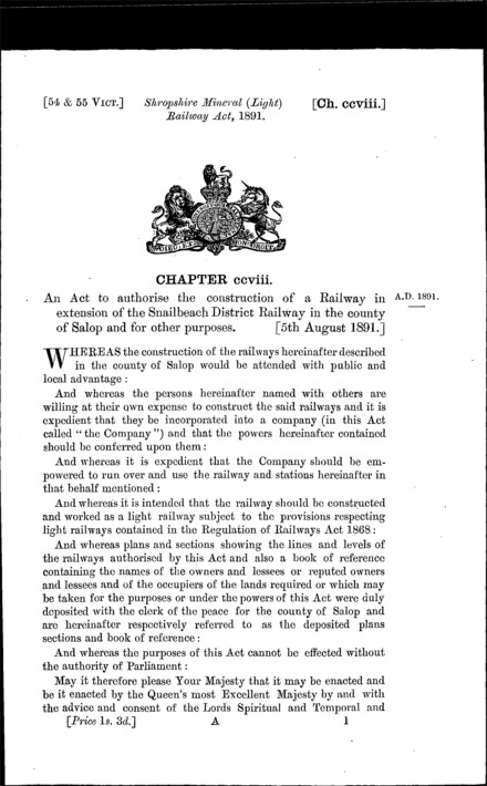 Shropshire Mineral (Light) Railway Act 1891