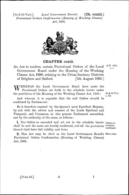 Local Government Board's Provisional Orders Confirmation (Housing of Working Classes) Act 1891