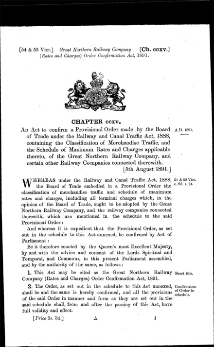 Great Northern Railway Company (Rates and Charges) Order Confirmation Act 1891