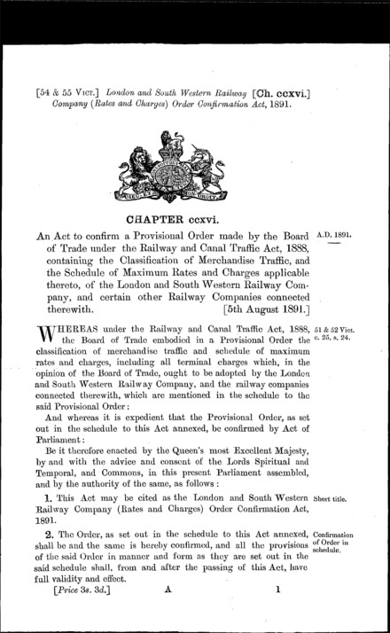 London and South Western Railway Company (Rates and Charges) Order Confirmation Act 1891