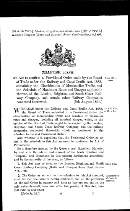 London, Brighton, and South Coast Railway Company (Rates and Charges) Order Confirmation Act 1891
