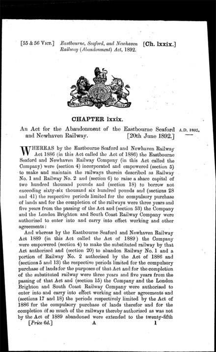 Eastbourne, Seaford and Newhaven Railway (Abandonment) Act 1892