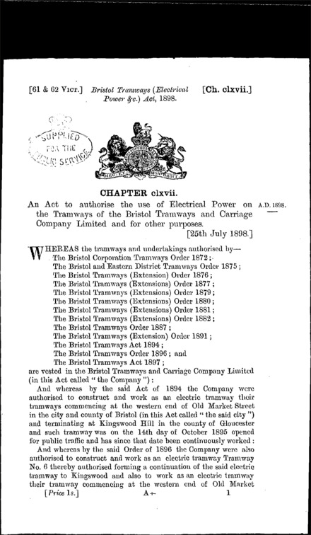 Bristol Tramways (Electrical Power, &c.) Act 1898
