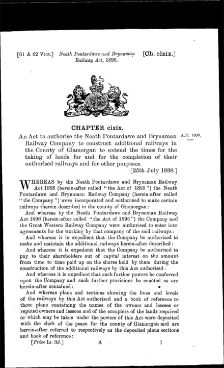 Neath, Pontardawe and Brynaman Railway Act 1898