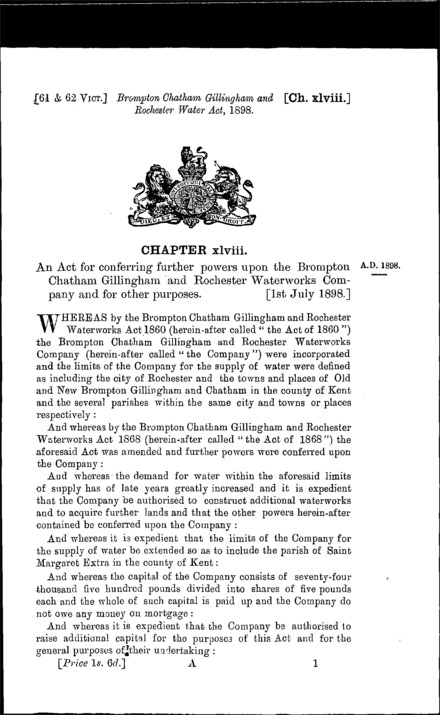 Brompton, Chatham, Gillingham and Rochester Water Act 1898