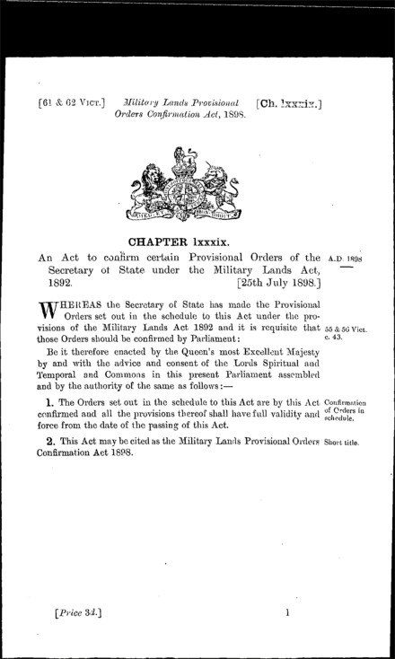 Military Lands Provisional Orders Confirmation Act 1898