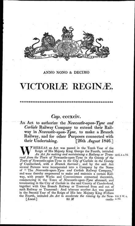 Newcastle-upon-Tyne and Carlisle Branch Railway Act 1846