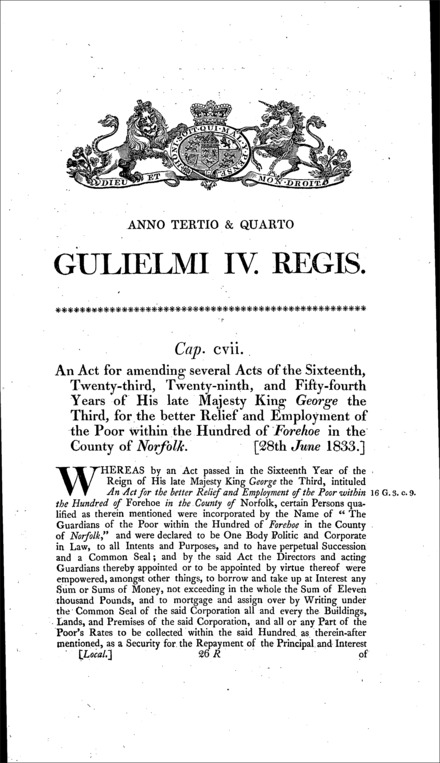 Forehoe (Norfolk) Poor Relief Act 1833