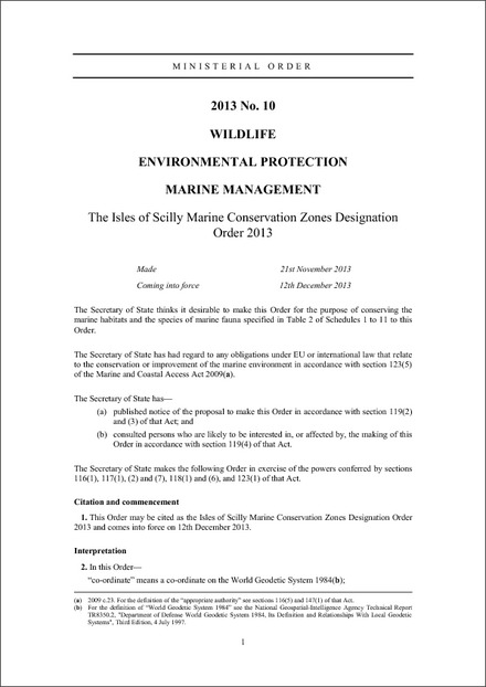 The Isles of Scilly Marine Conservation Zones Designation Order 2013