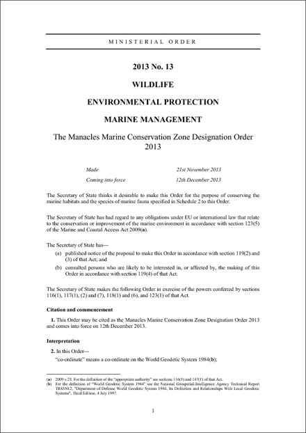 The Manacles Marine Conservation Zone Designation Order 2013