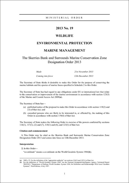 The Skerries Bank and Surrounds Marine Conservation Zone Designation Order 2013