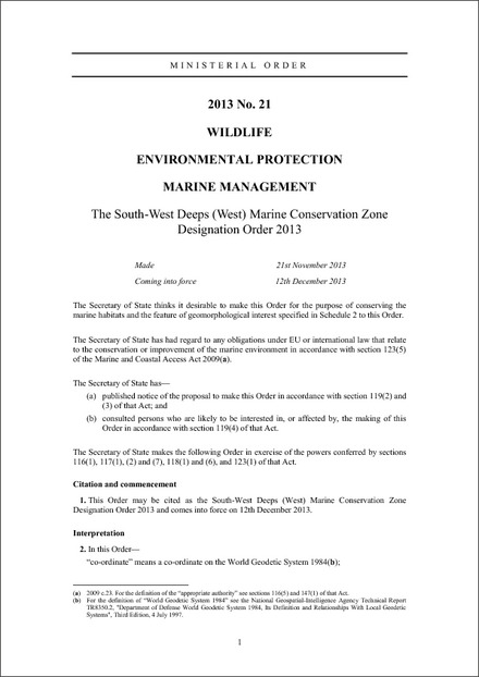 The South-West Deeps (West) Marine Conservation Zone Designation Order 2013