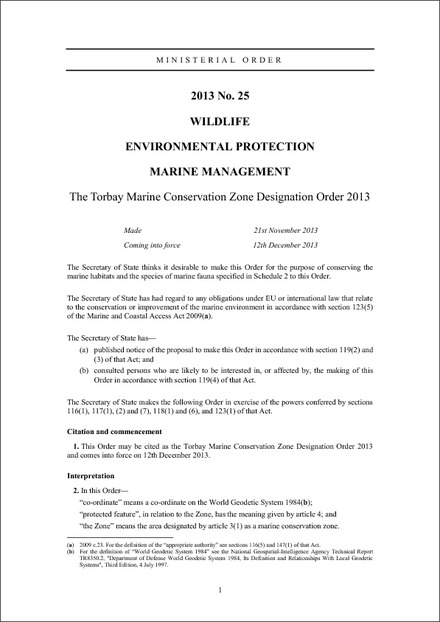 The Torbay Marine Conservation Zone Designation Order 2013