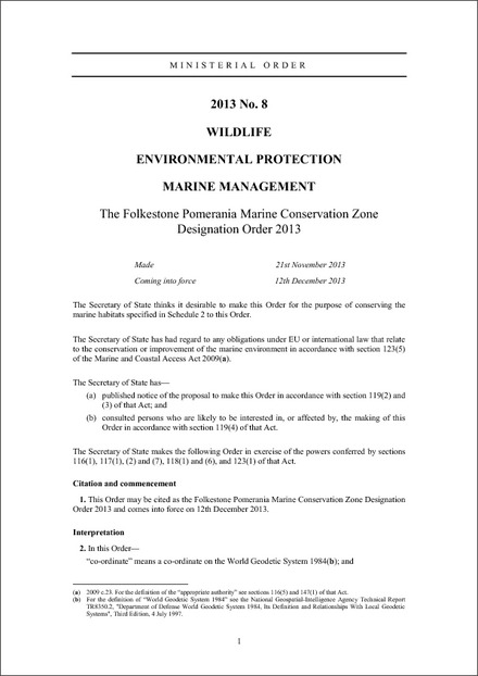 The Folkestone Pomerania Marine Conservation Zone Designation Order 2013