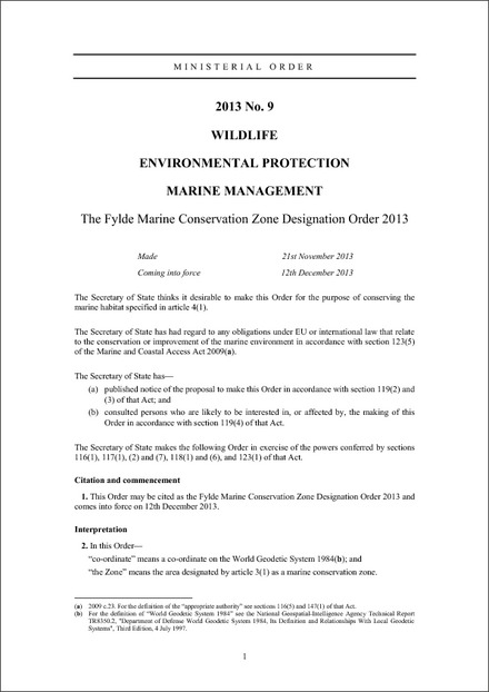 The Fylde Marine Conservation Zone Designation Order 2013