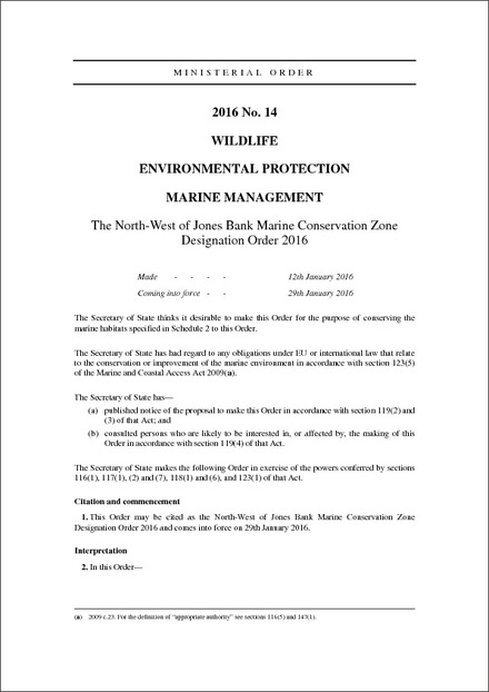 The North-West of Jones Bank Marine Conservation Zone Designation Order 2016